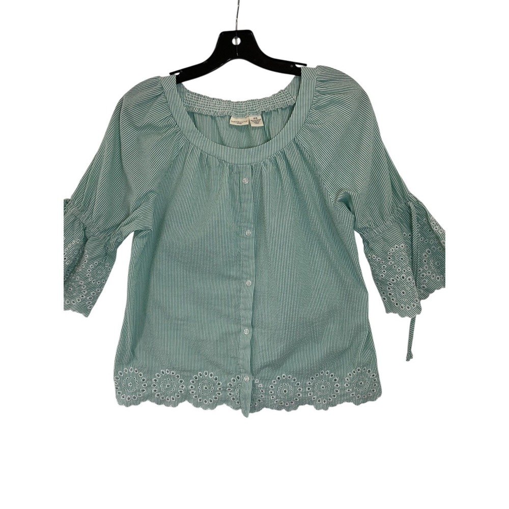 Westbound‎ Striped Eyelet Women Blouse Peasant Top 3/4 Sleeve Green White PS